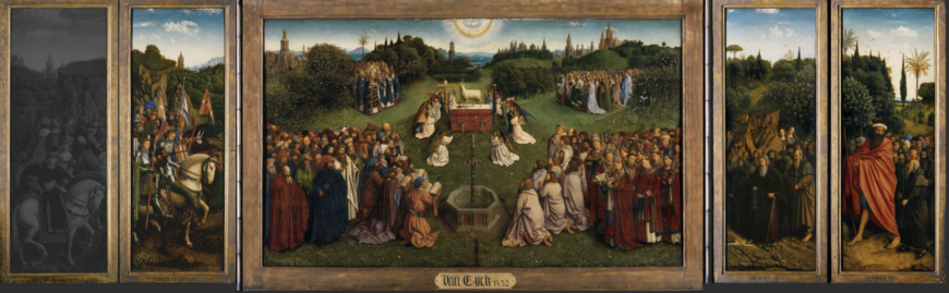 Saint, prophets and others approach the mystic lamb (detail), Jan van Eyck, Ghent Altarpiece, completed 1432, oil on wood, 11 feet 5 inches x 15 feet 1 inch (open), Saint Bavo Cathedral, Ghent, Belgium (photo: Closer to Van Eyck)